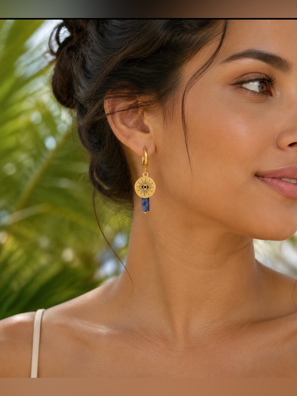 Gold Sunburst Drop Earrings with Blue Stone-Stainlees St,18K Gold Plated.